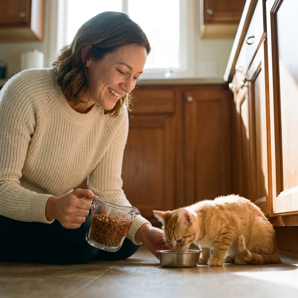A 4-month-old kitten eating from a stainless bowl in a kitchen while a person holds a measuring cup nearby