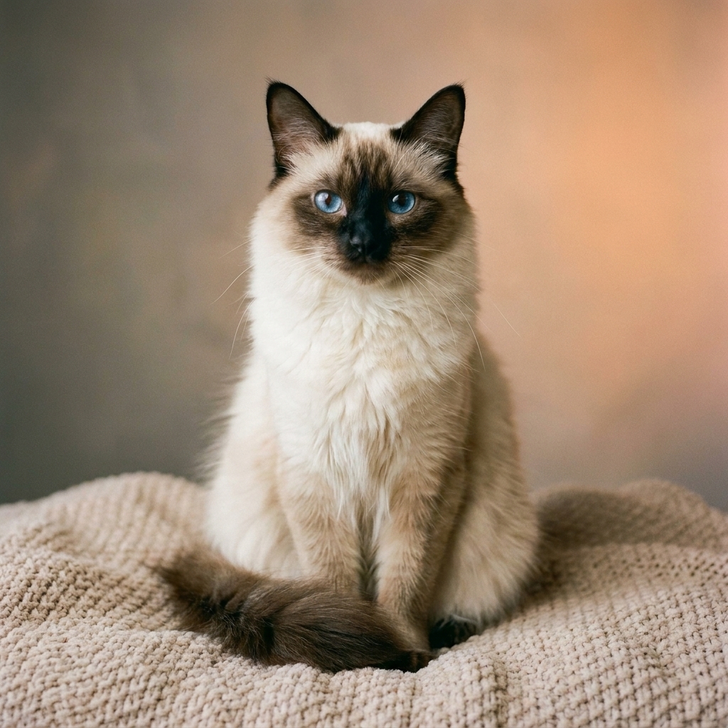 A Balinese cat with a silky coat and bright blue eyes sitting upright on a soft blanket