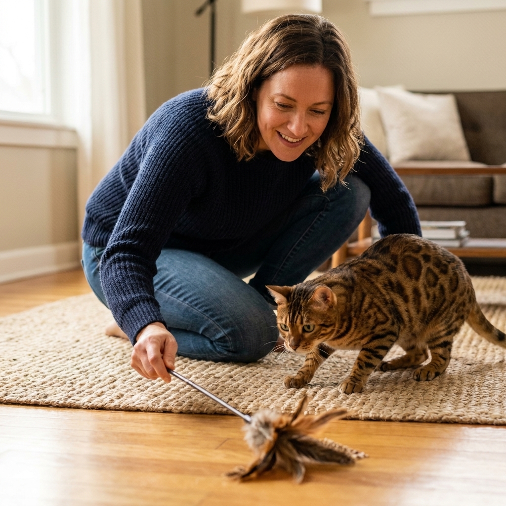 A Bengal cat crouched low on a rug, eyes focused on a feather wand toy being dragged along the floor