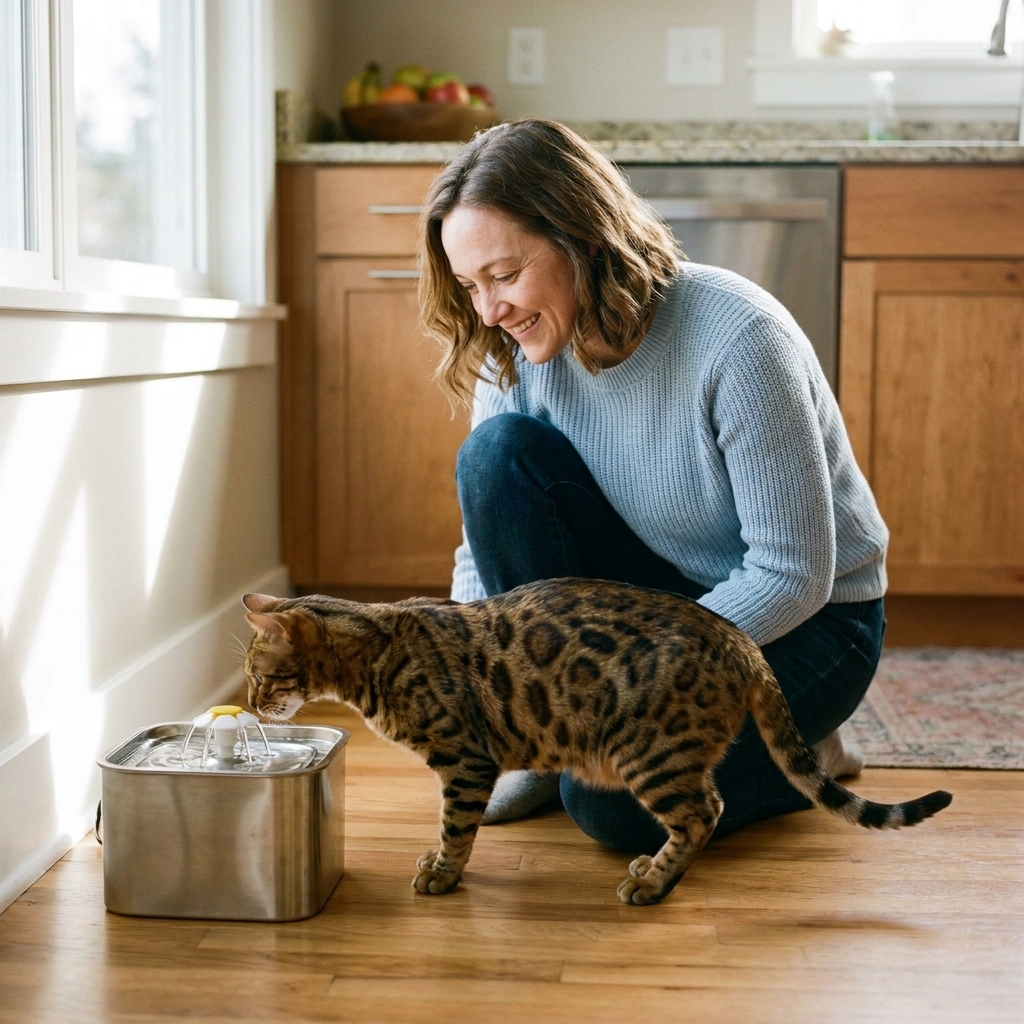 A Bengal cat leaning forward to drink from a stainless steel pet water fountain on a kitchen floor