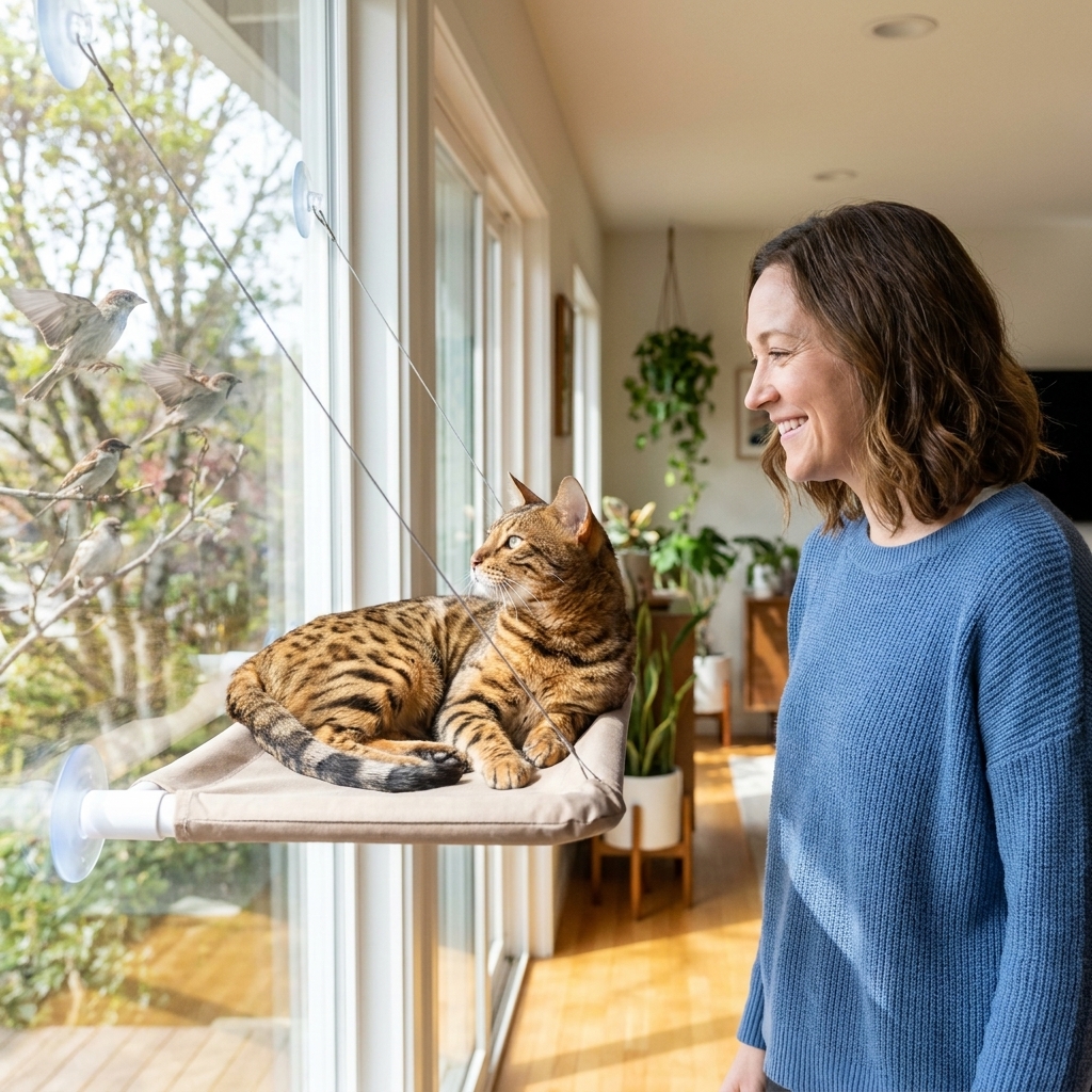 A Bengal cat lounging on a window-mounted perch, watching birds outside in daylight