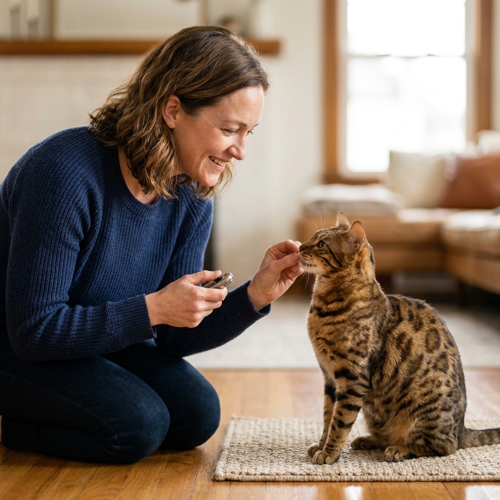 A Bengal cat sitting attentively on a small mat while a person holds a clicker and offers a treat