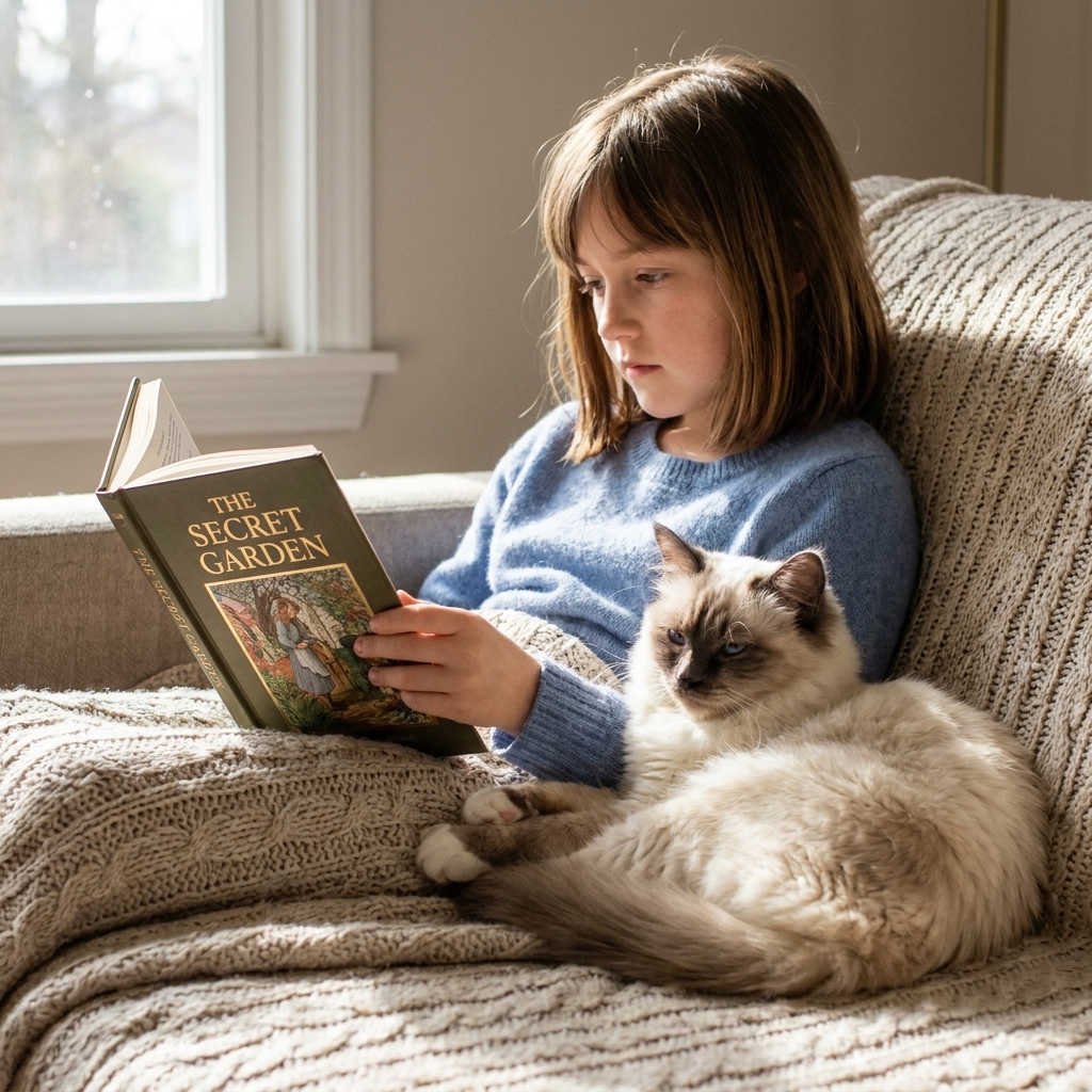 A Birman cat with cream fur and dark points resting beside a child on a soft blanket while the child reads a book quietly
