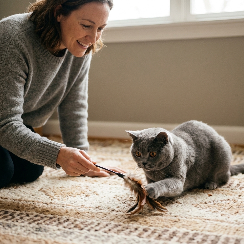 A British Shorthair cat crouched on a rug with focused eyes, reaching toward a feather wand toy held just above the floor