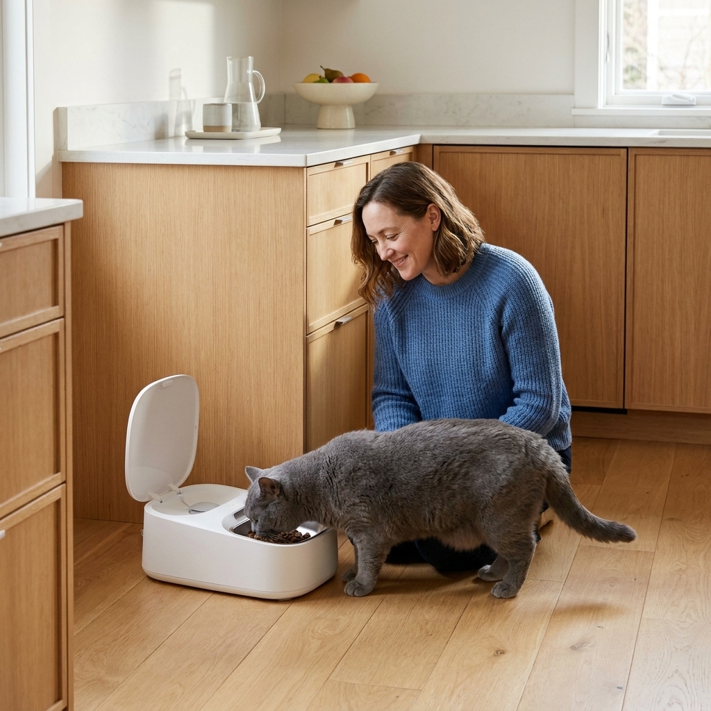A British Shorthair cat eating calmly from a microchip-activated feeder on a kitchen floor while the surrounding area stays tidy and uncluttered