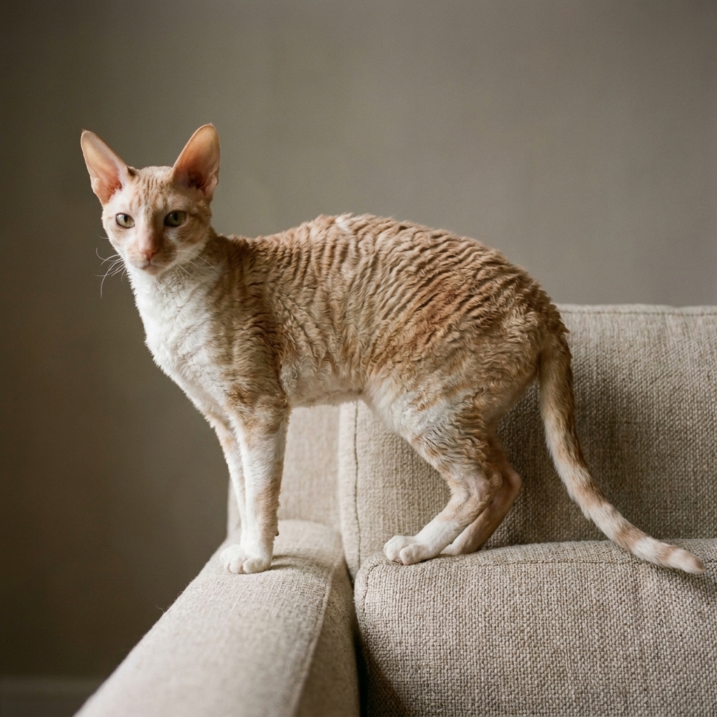 A Cornish Rex cat with a slender body and rippled coat standing sideways on a sofa arm