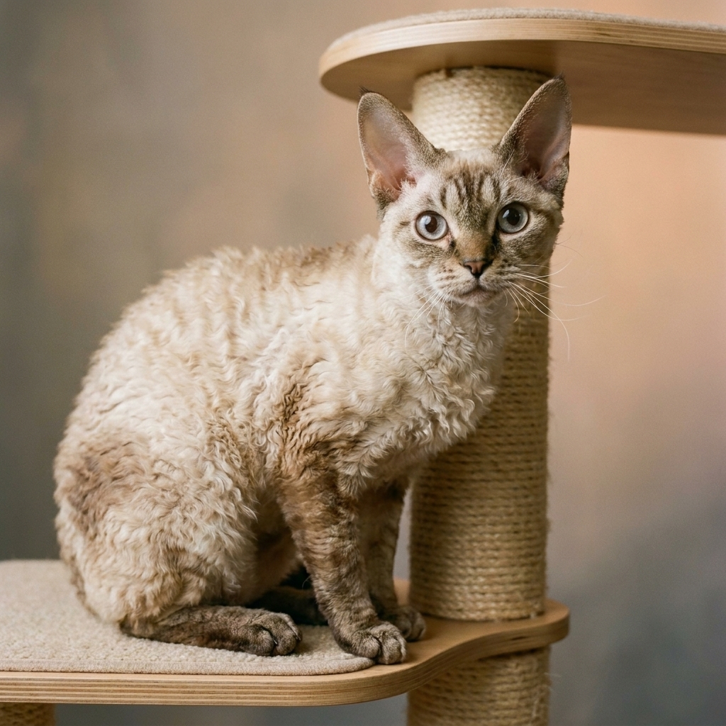 A Devon Rex cat with large ears and a curly coat perched on a cat tree looking curious