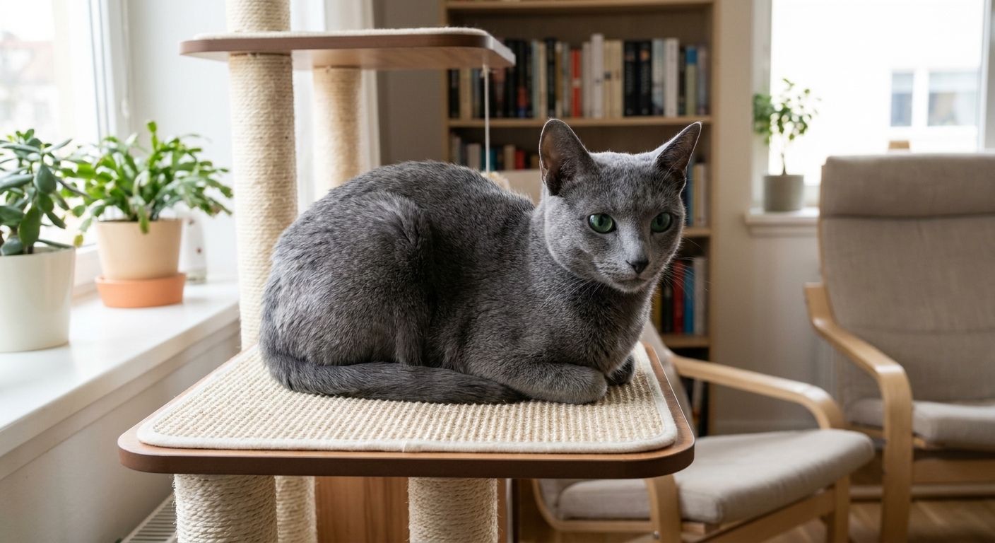 A Russian Blue cat sitting calmly on a cat tree inside a small apartment, looking relaxed