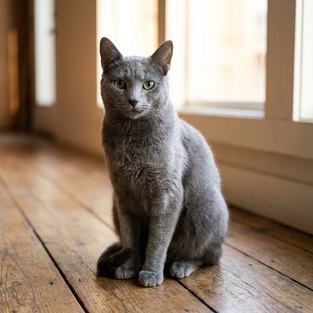 A Russian Blue cat with a silvery gray coat sitting on a wooden floor in soft window light