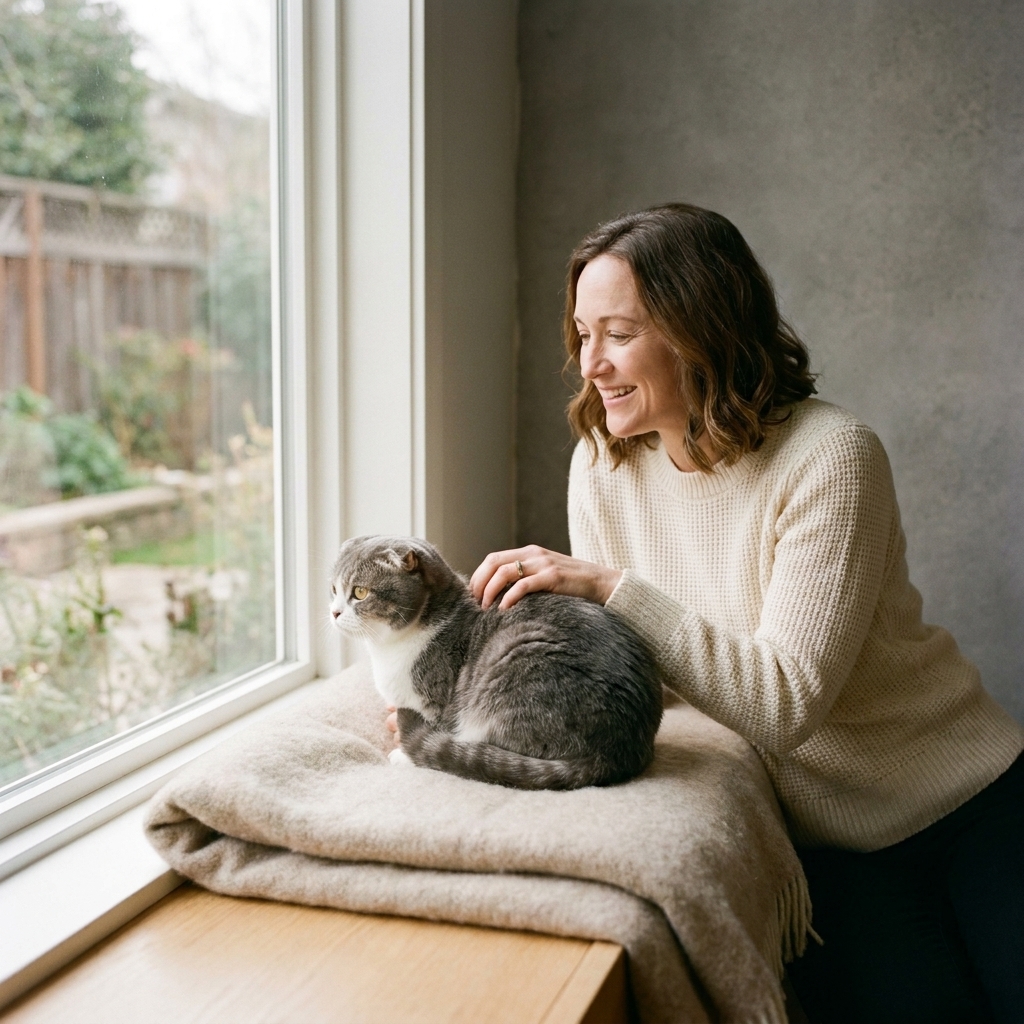 A Scottish Fold cat resting on a low window perch with a soft blanket, looking outside