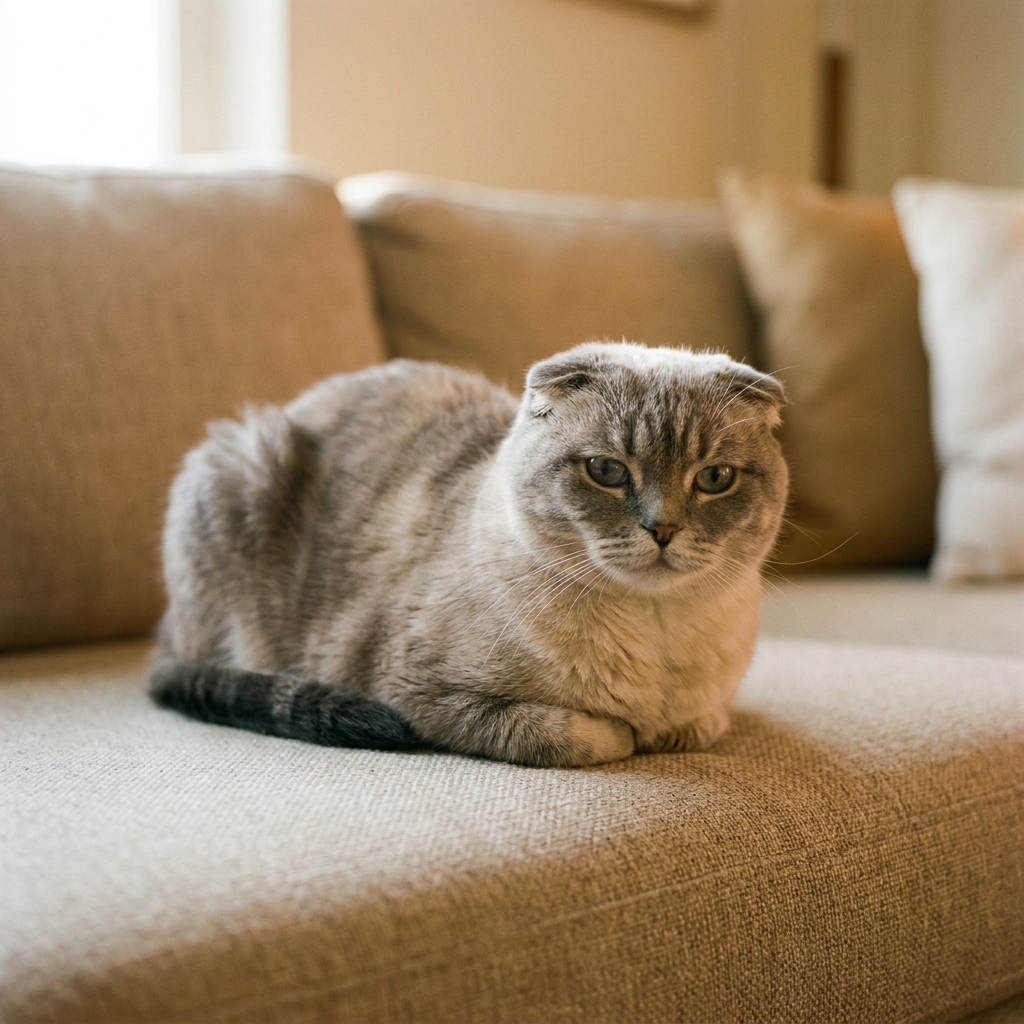 A Scottish Fold cat sitting on a couch with tucked paws