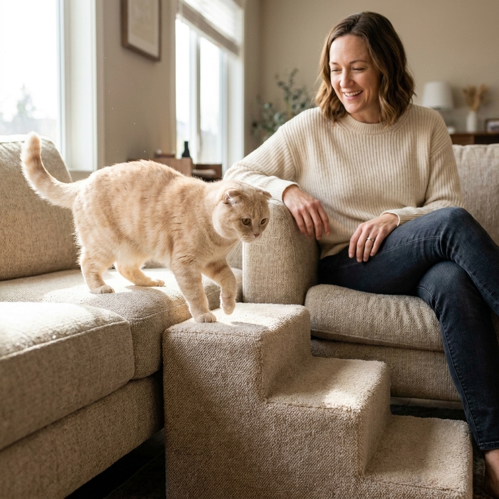 A Scottish Fold cat stepping onto a small set of pet stairs next to a couch