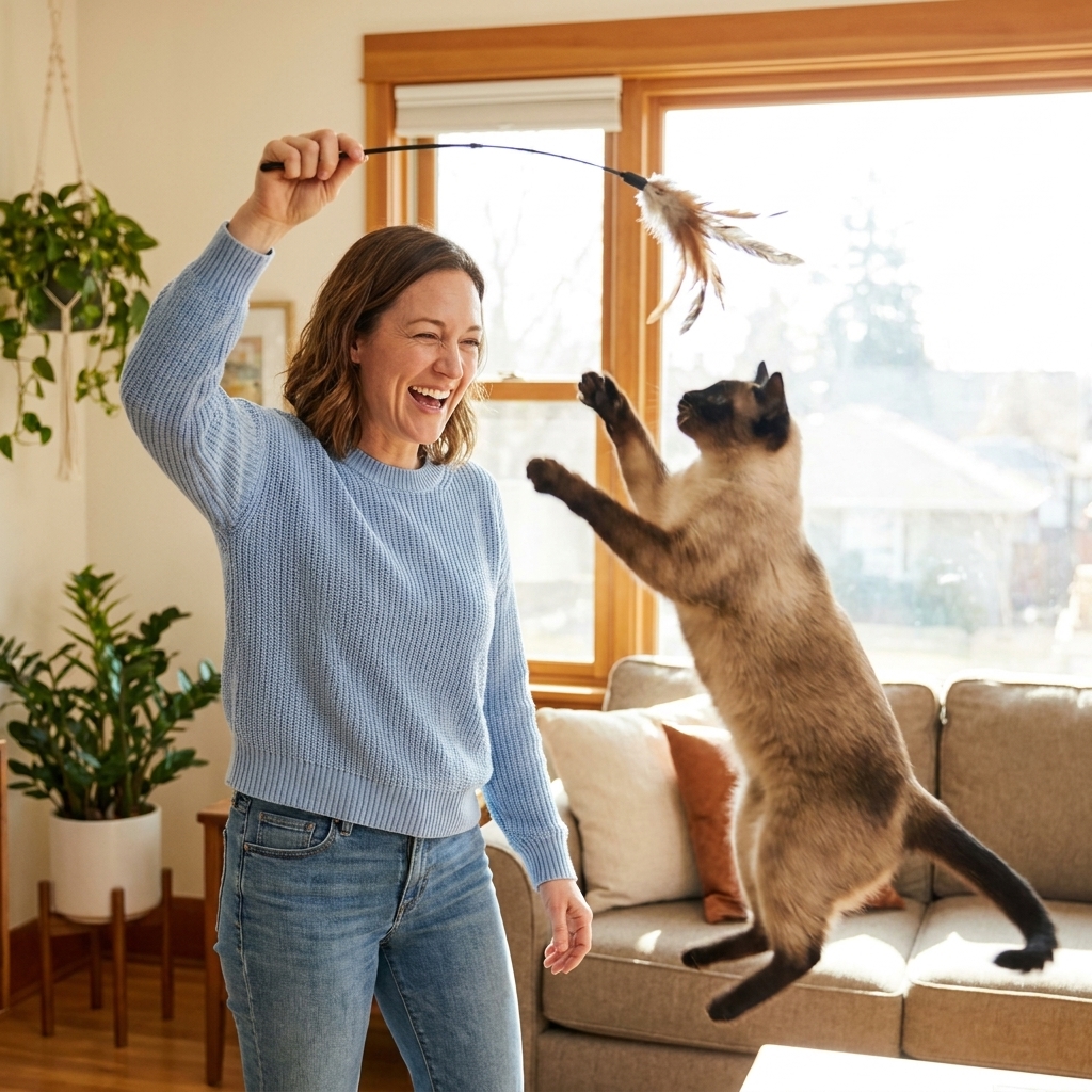 A Siamese cat leaping toward a feather wand toy held by a person in a bright living room, action shot with motion in the paws