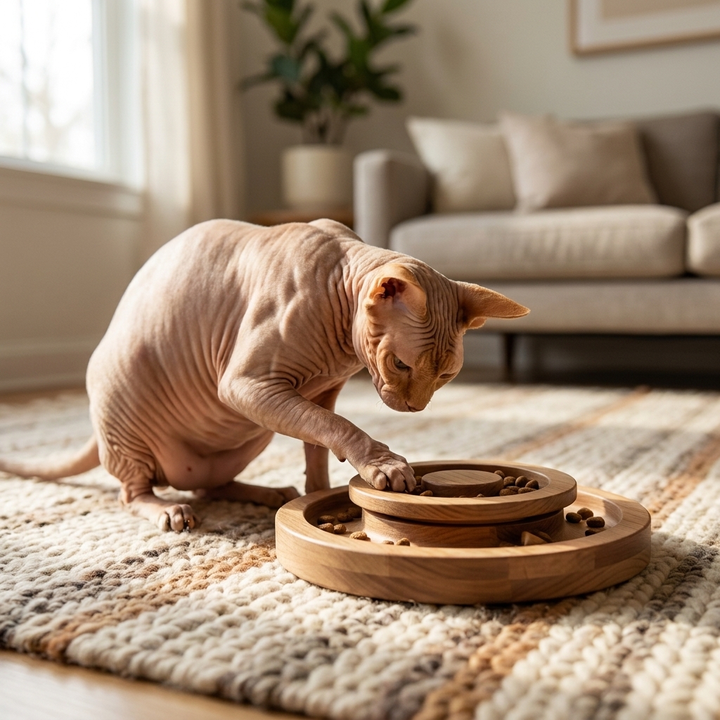 A Sphynx cat crouched on a living room rug, using its paw to pull kibble from a round puzzle feeder toy