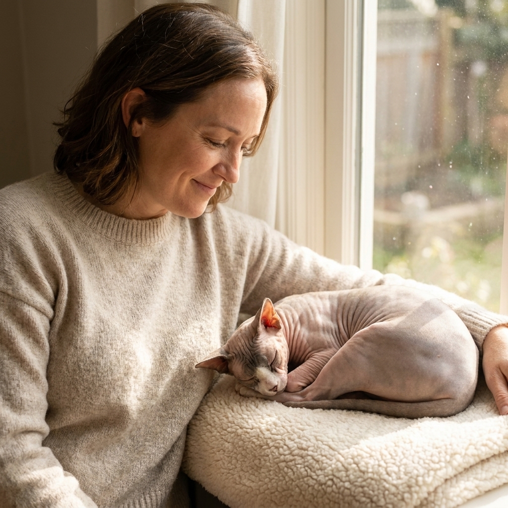 A Sphynx cat curled up asleep on a soft fleece blanket beside a sunny window, looking relaxed and comfortable