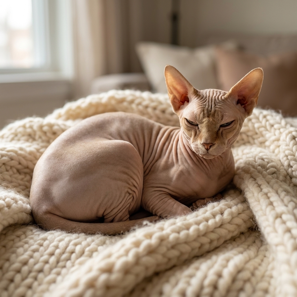 A Sphynx cat curled up on a warm knitted blanket indoors, looking relaxed and sleepy