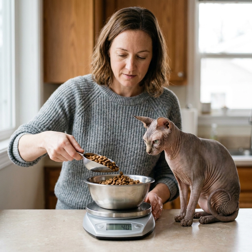 A Sphynx cat watching attentively as a person weighs a portion of cat food on a digital kitchen scale beside a clean feeding bowl