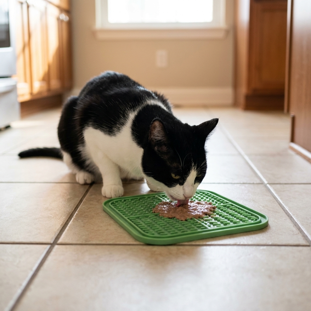 A black-and-white cat calmly licking wet food from a silicone lick mat placed on a clean tile floor in a home