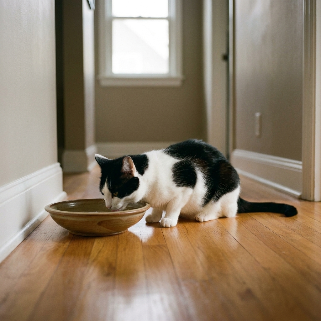 A black-and-white cat drinking from a wide shallow ceramic water bowl placed on a quiet hallway floor