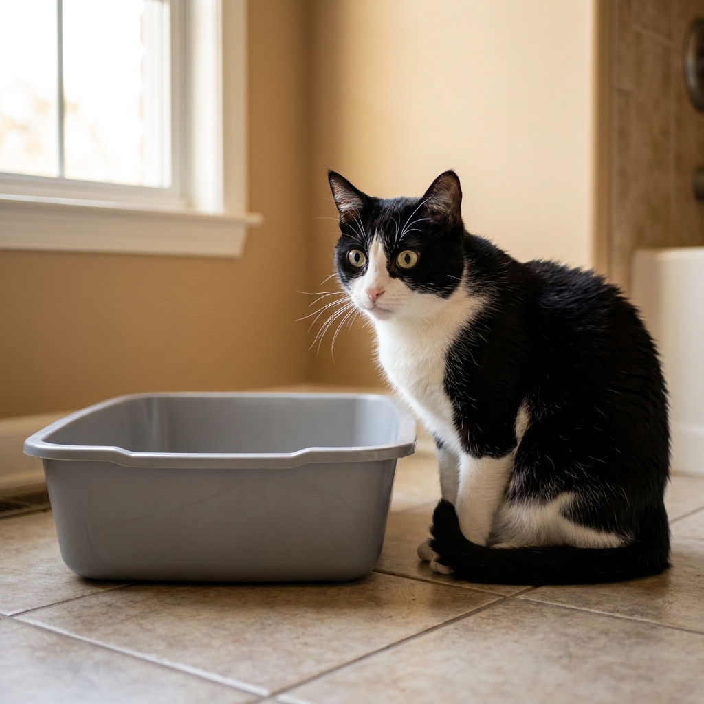 A black-and-white cat sitting beside a clean litter box in a bathroom, holding a tense, uncomfortable posture.