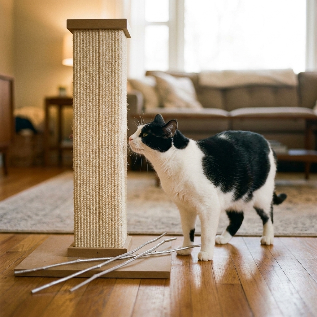 A black-and-white cat sniffing a sisal scratching post with a few silver vine sticks at the base on a living room floor.