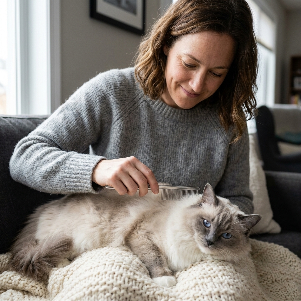 A blue-eyed Ragdoll cat being calmly combed with a stainless steel grooming comb while sitting on a blanket