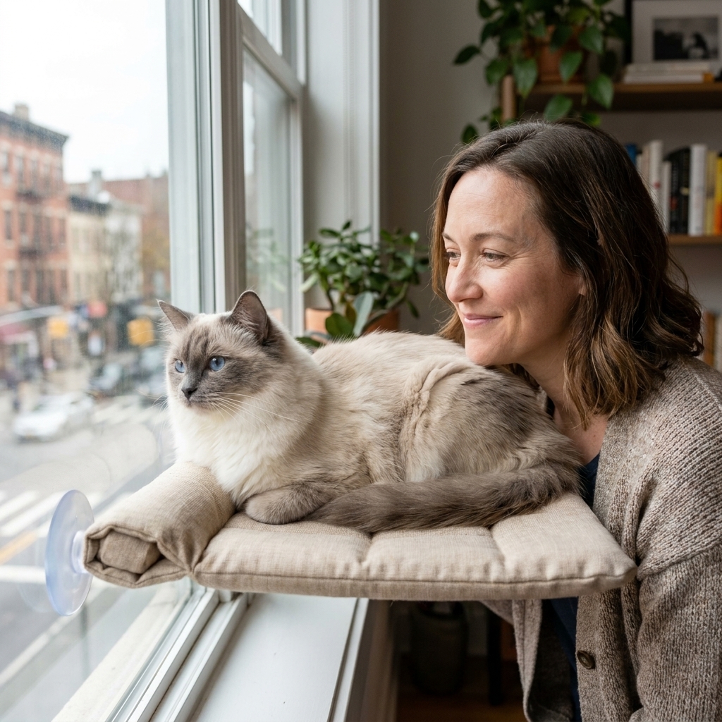 A blue-eyed Ragdoll cat resting on a padded window perch inside a small apartment, looking outside