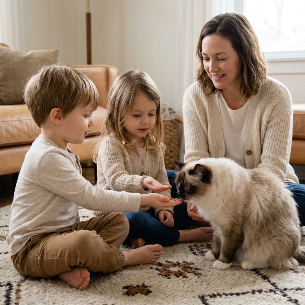 A blue-eyed Ragdoll cat sitting on a rug while two young children sit nearby offering an open palm for a sniff, supervised by an adult