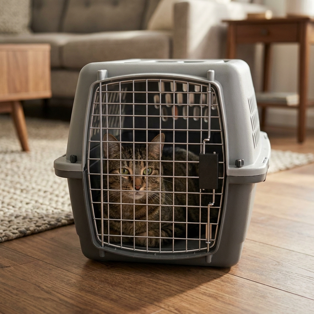 A calm domestic cat resting inside a sturdy hard plastic cat carrier with a metal door, sitting on a living room floor