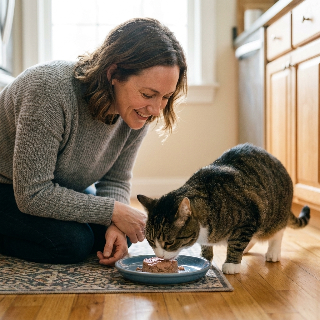 A cat eating a moist canned food meal from a shallow ceramic bowl on a kitchen mat