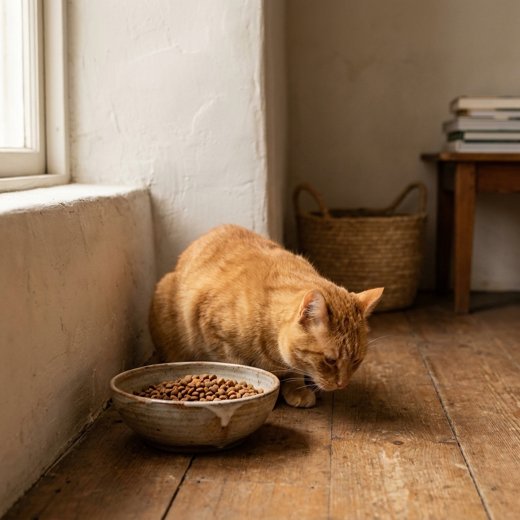 A cat eating from a ceramic bowl in a calm corner of a home, with the bowl placed near a wall and away from busy areas