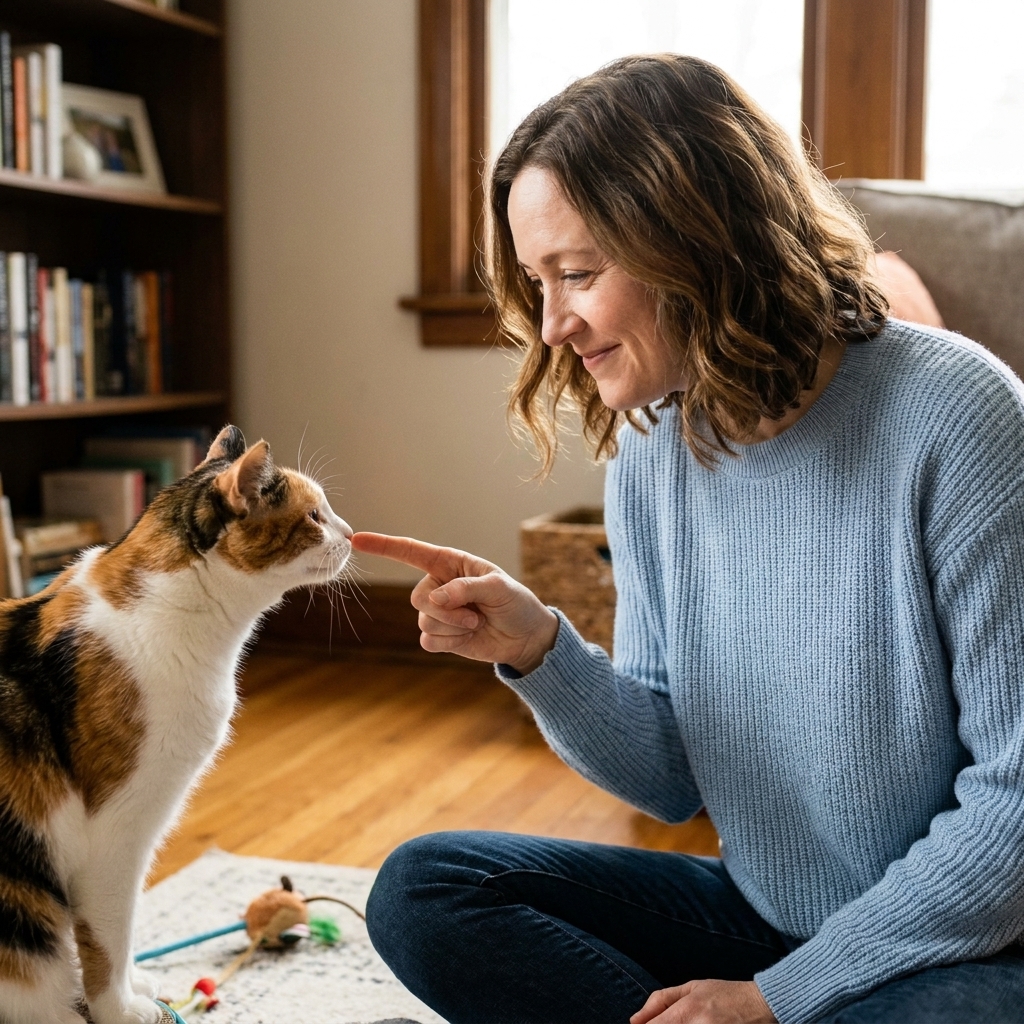 A cat gently touching a person’s extended index finger with its nose during a training session in a home setting