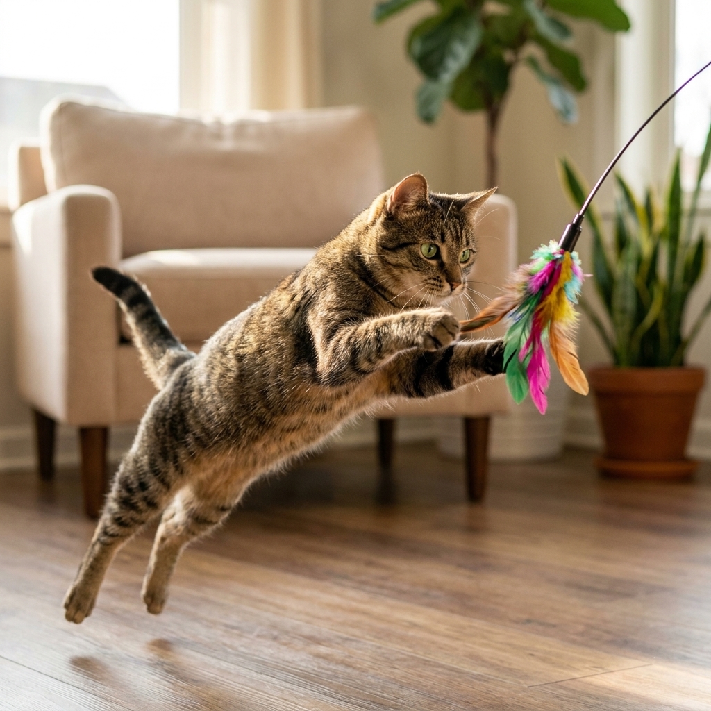 A cat mid-pounce on a feather wand toy in a living room, body stretched forward and eyes focused