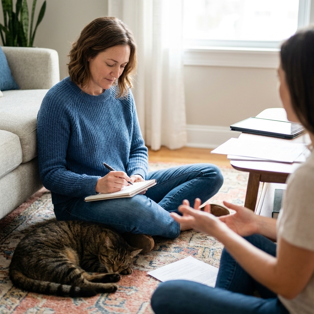 A cat owner sitting on a living room floor with a relaxed tabby cat nearby while taking notes during an in-home cat behavior consultation