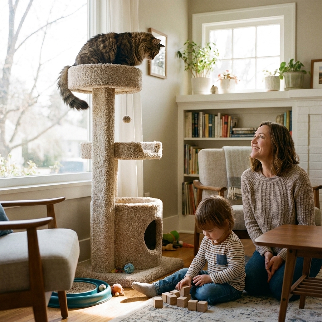 A cat perched on a tall cat tree in a bright family living room while a child plays quietly nearby, showing safe vertical space