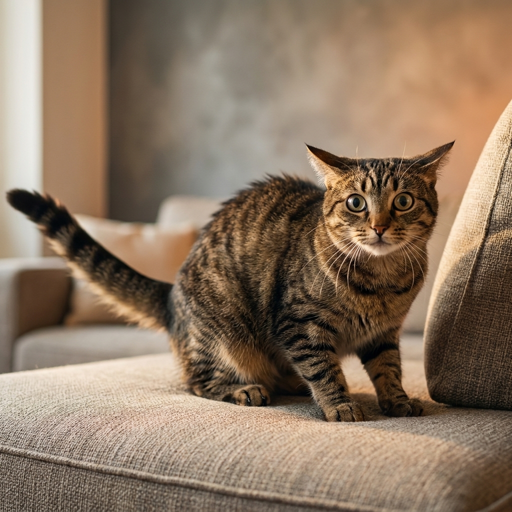 A cat sitting on a sofa with its tail lashing sharply behind it, showing an early warning sign of overstimulation