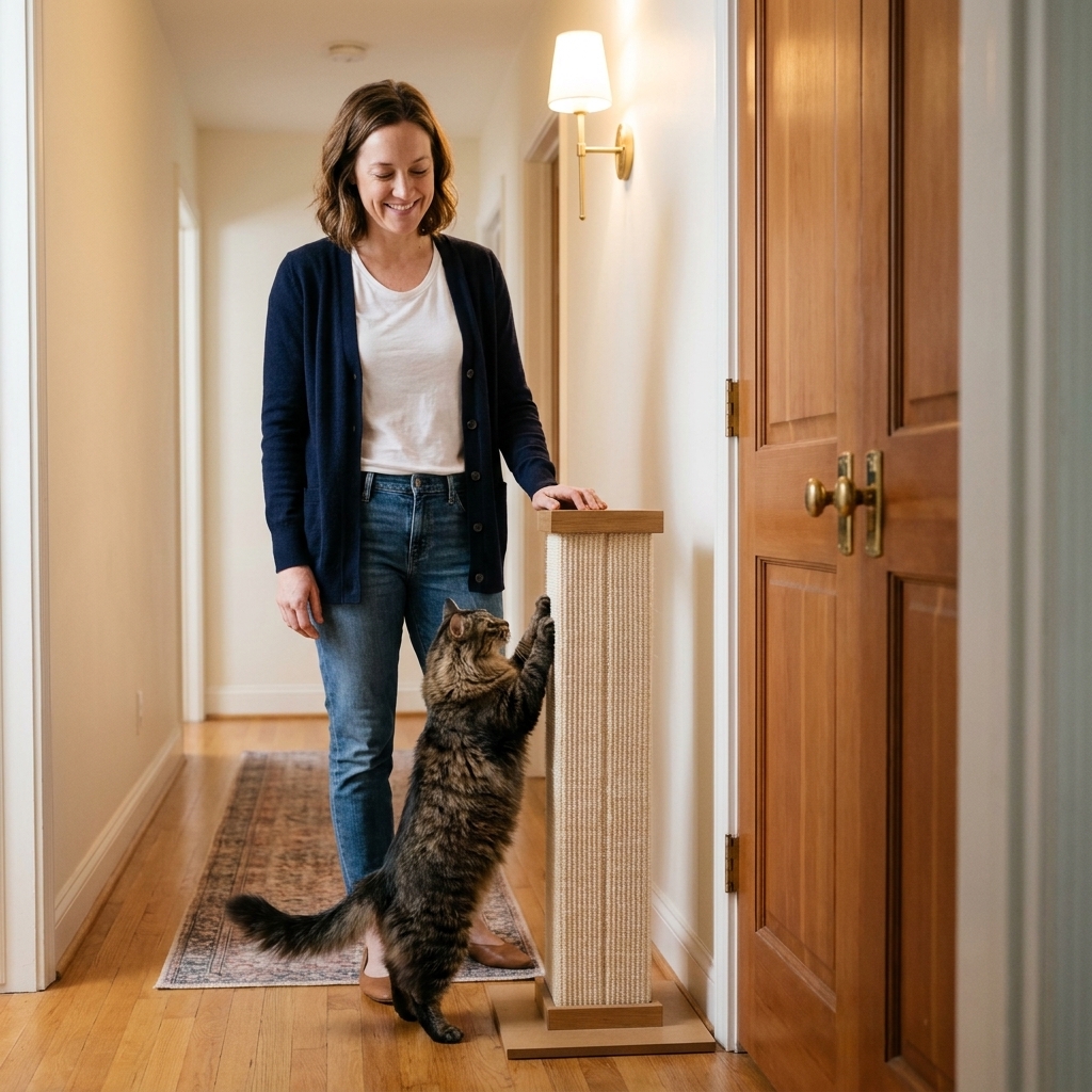 A cat standing beside a tall scratching post placed near a closed bedroom door in a hallway