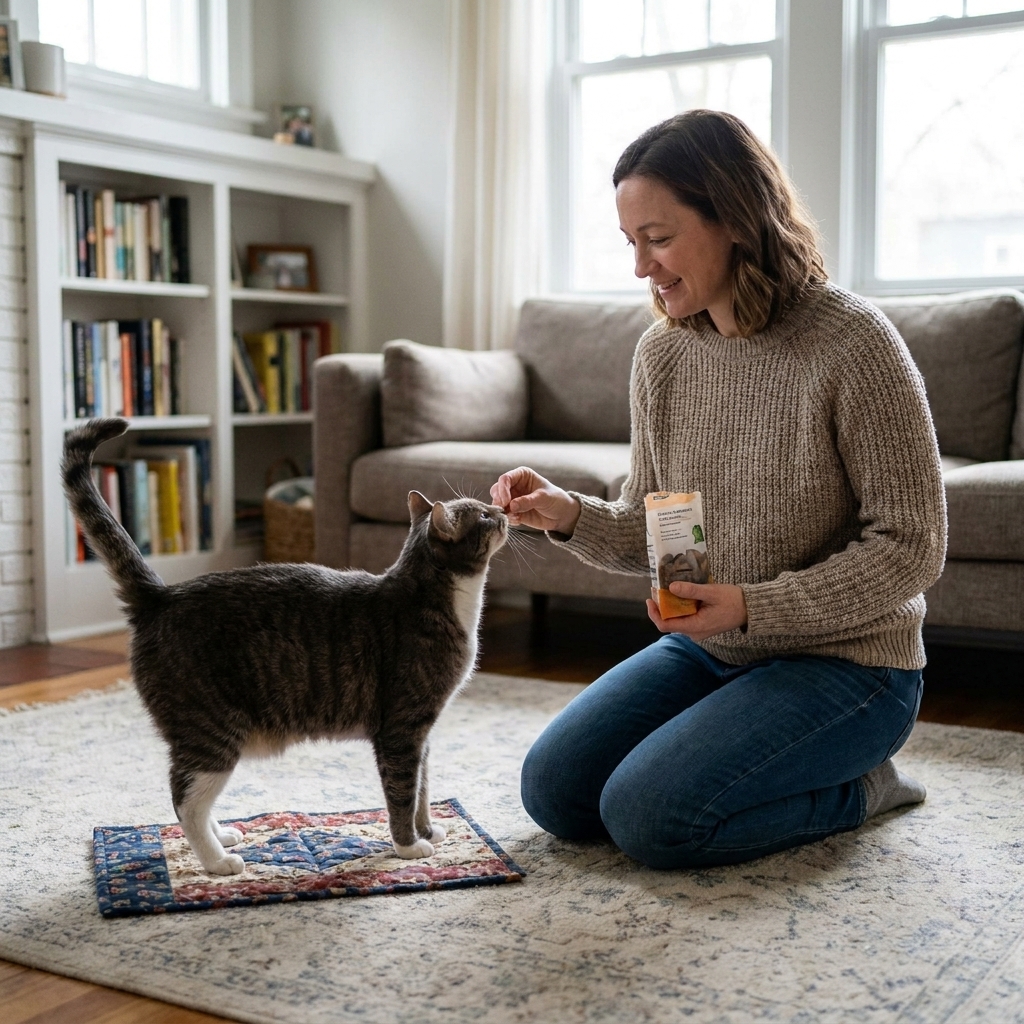 A cat standing with all four paws on a small fabric mat while a person kneels nearby holding treats in a quiet living room