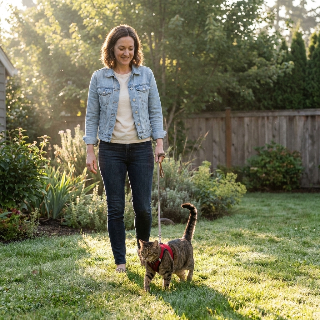 A cat wearing a harness walking slowly through a quiet backyard with the leash held loosely by a person standing behind, early morning light
