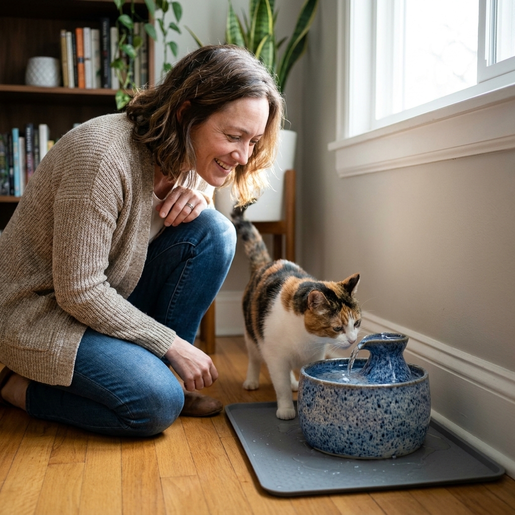 A ceramic cat water fountain placed on a waterproof mat in a quiet corner of a living room with a curious cat approaching