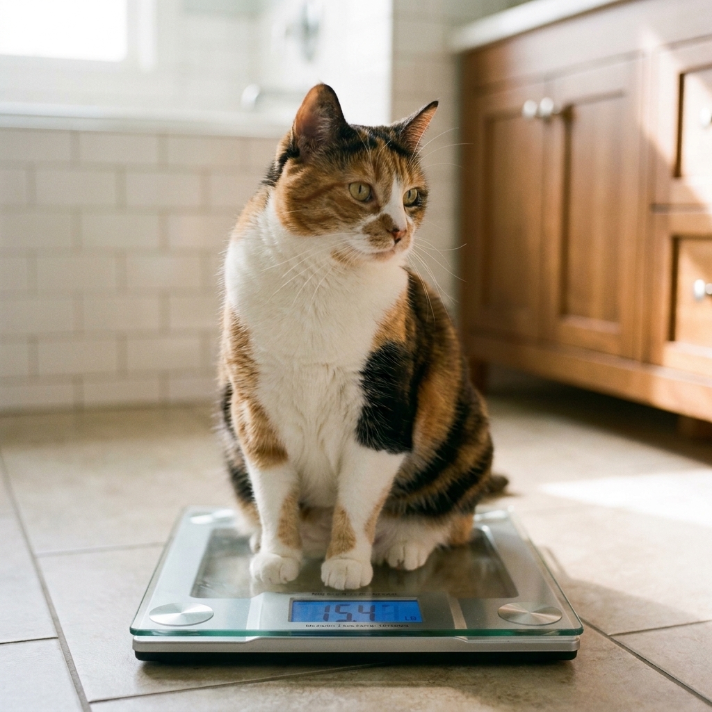 A chubby domestic cat sitting calmly on a digital pet scale on a bathroom floor, looking slightly to the side