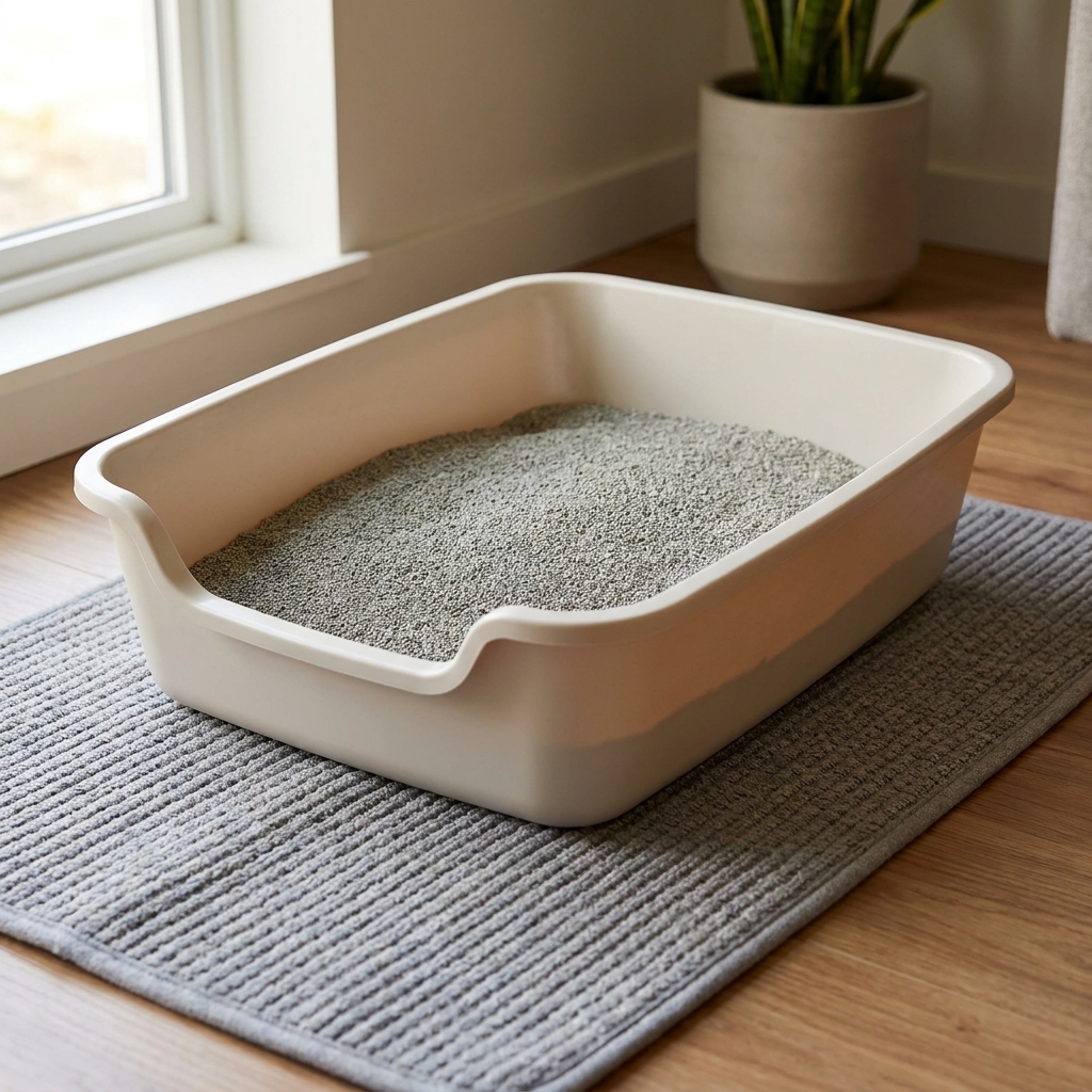 A clean, low-sided litter box filled with fine-grain unscented litter on a washable mat