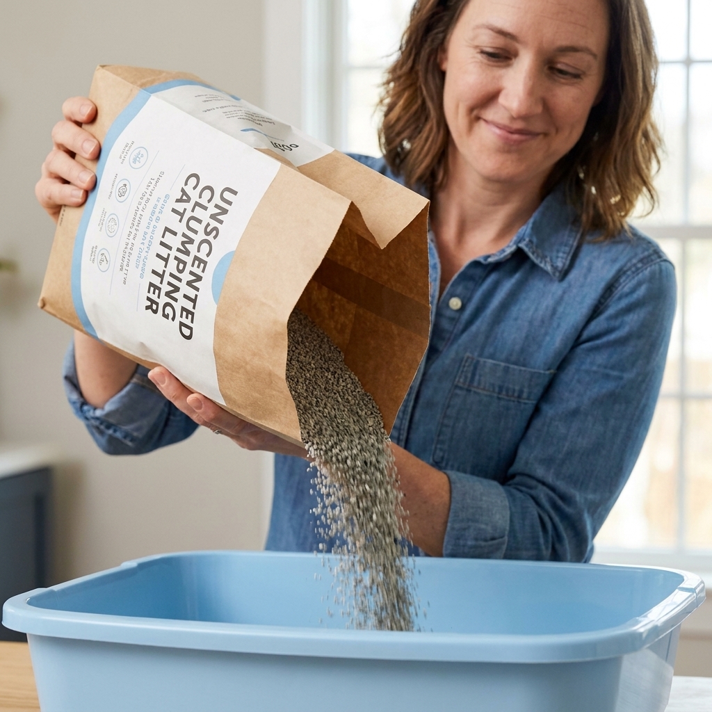 A close view of an open bag pouring unscented clumping cat litter into a clean litter box