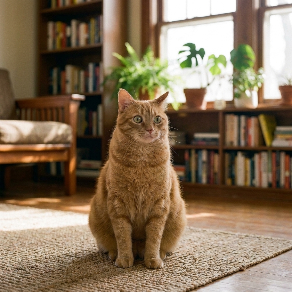 A confused-looking orange tabby cat sitting on a rug with ears slightly tilted and wide eyes, as if reacting to a sound in a cozy living room