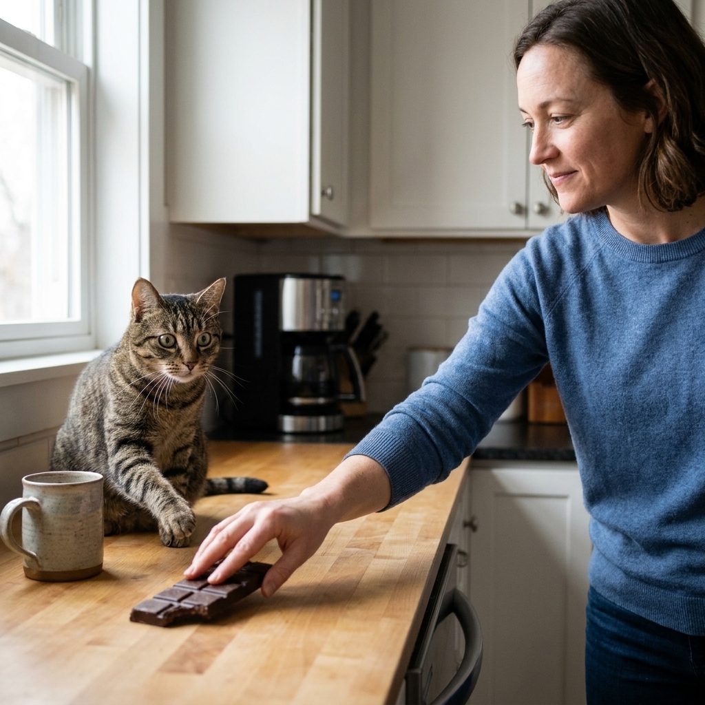 A curious cat sitting on a kitchen counter near an unwrapped chocolate bar while a person’s hand moves the chocolate away
