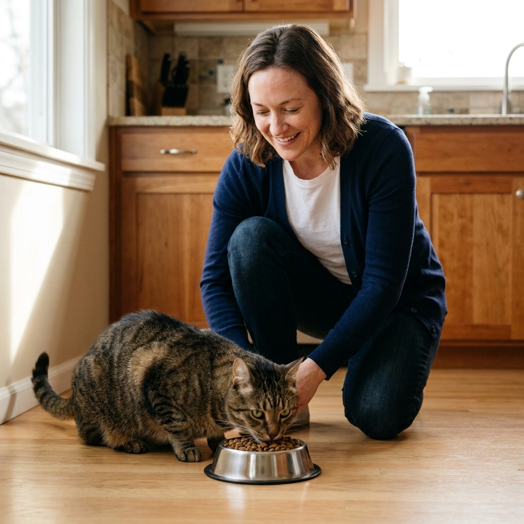 A domestic cat eating kibble from a stainless steel bowl on a kitchen floor