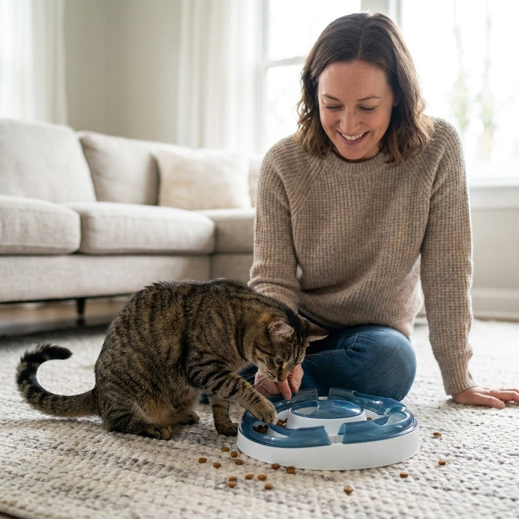 A domestic cat using a puzzle feeder toy to eat kibble on a living room rug