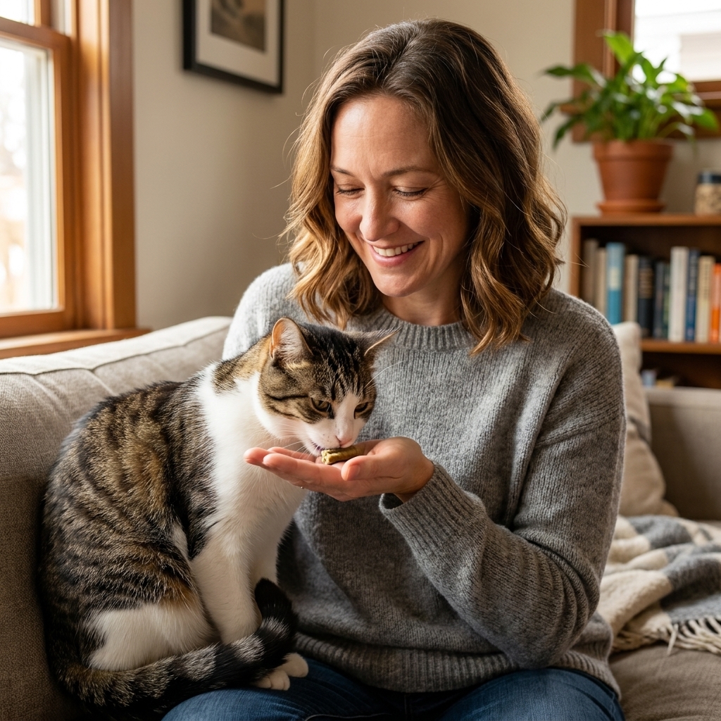 A domestic shorthaired cat eating a dental treat from a person’s hand in a home setting