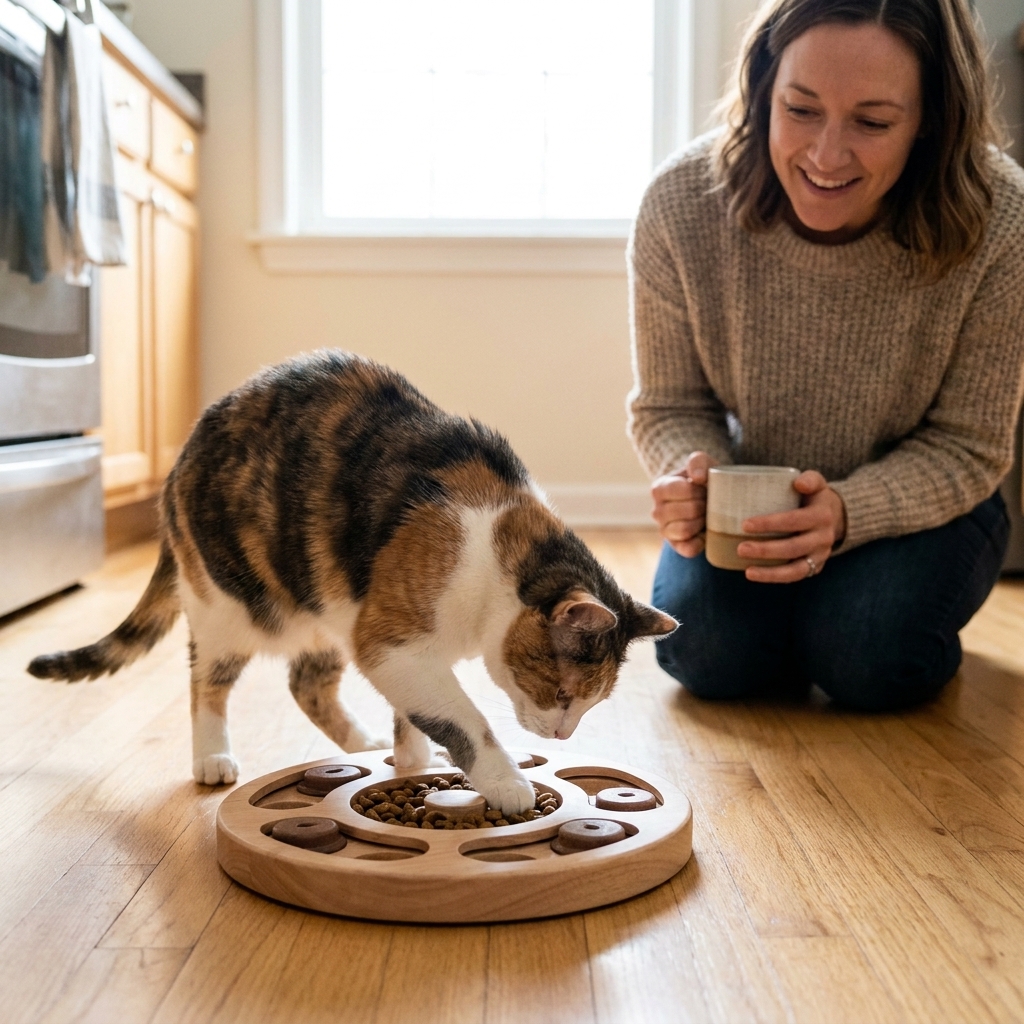 A domestic shorthaired cat eating kibble from a puzzle feeder on a kitchen floor, focused and calm