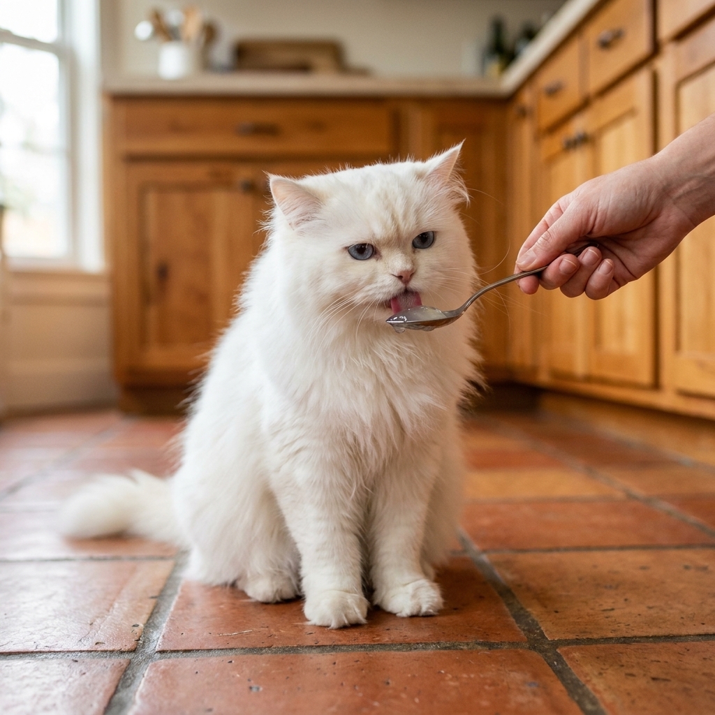 A fluffy Persian cat licking a small amount of gel from a spoon while sitting on a kitchen floor
